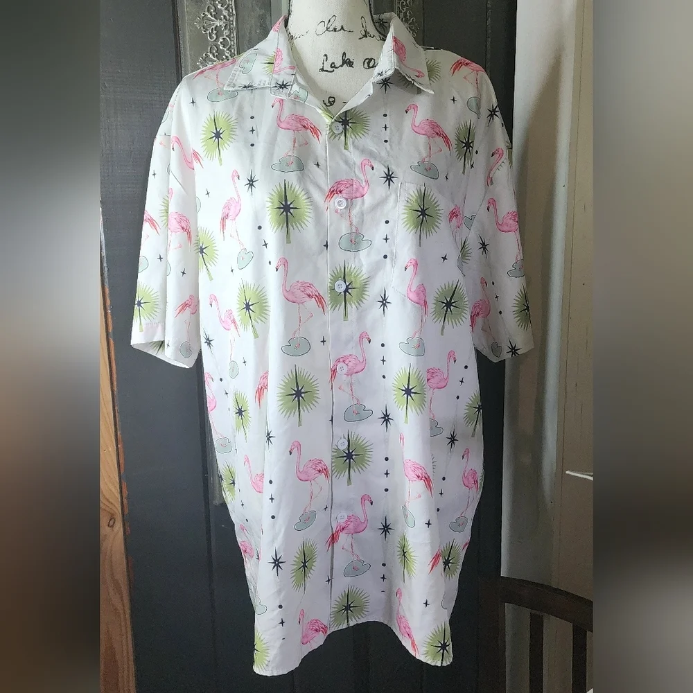 Hardaddy Tropical Flamingo Print Men's Casual Shirt - Picture 1 of 5